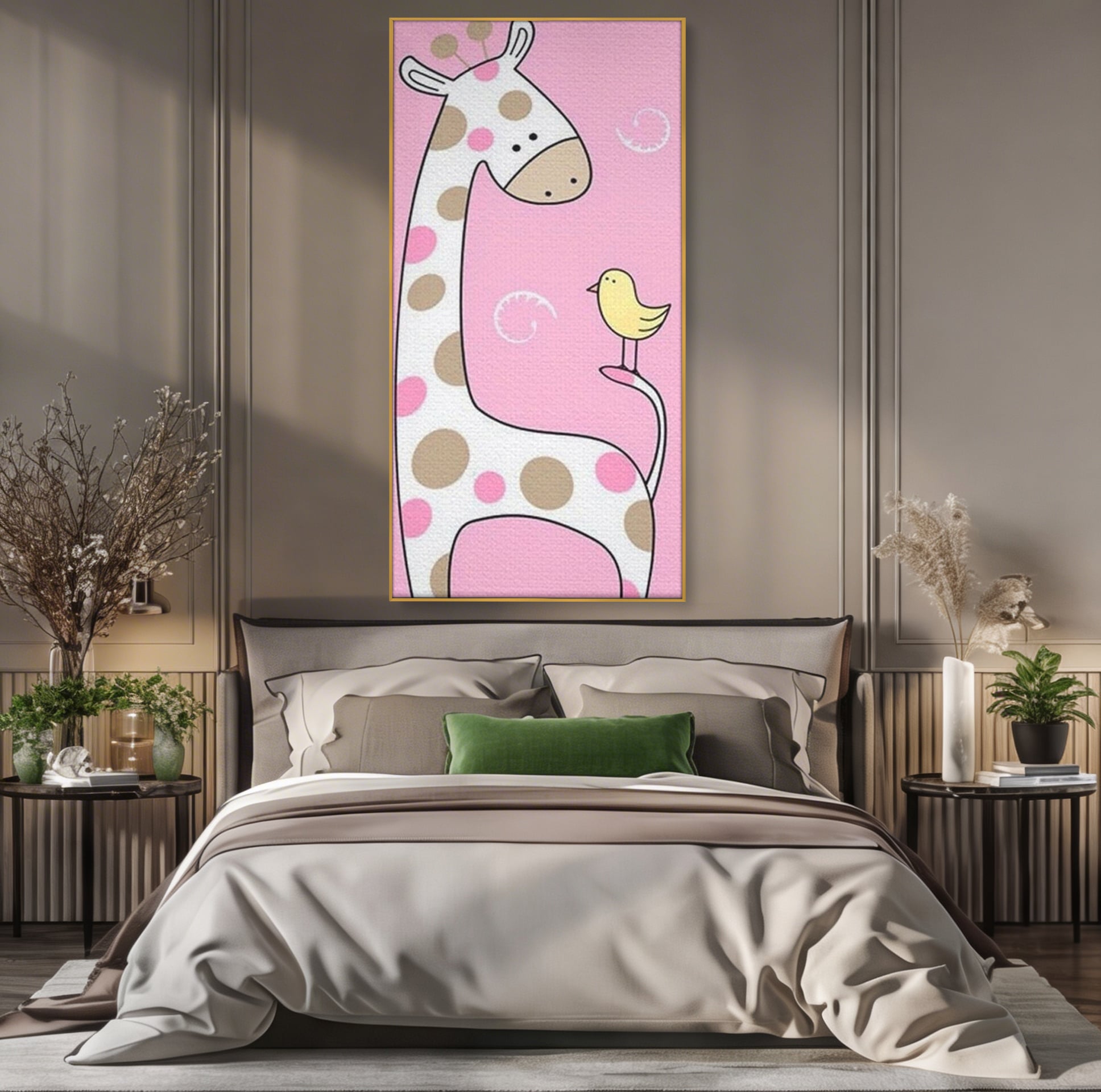 Tablou canvas cu ilustratie cu o girafa si o pasare, in rama de aluminiu auriu, pe perete intr-un dormitor